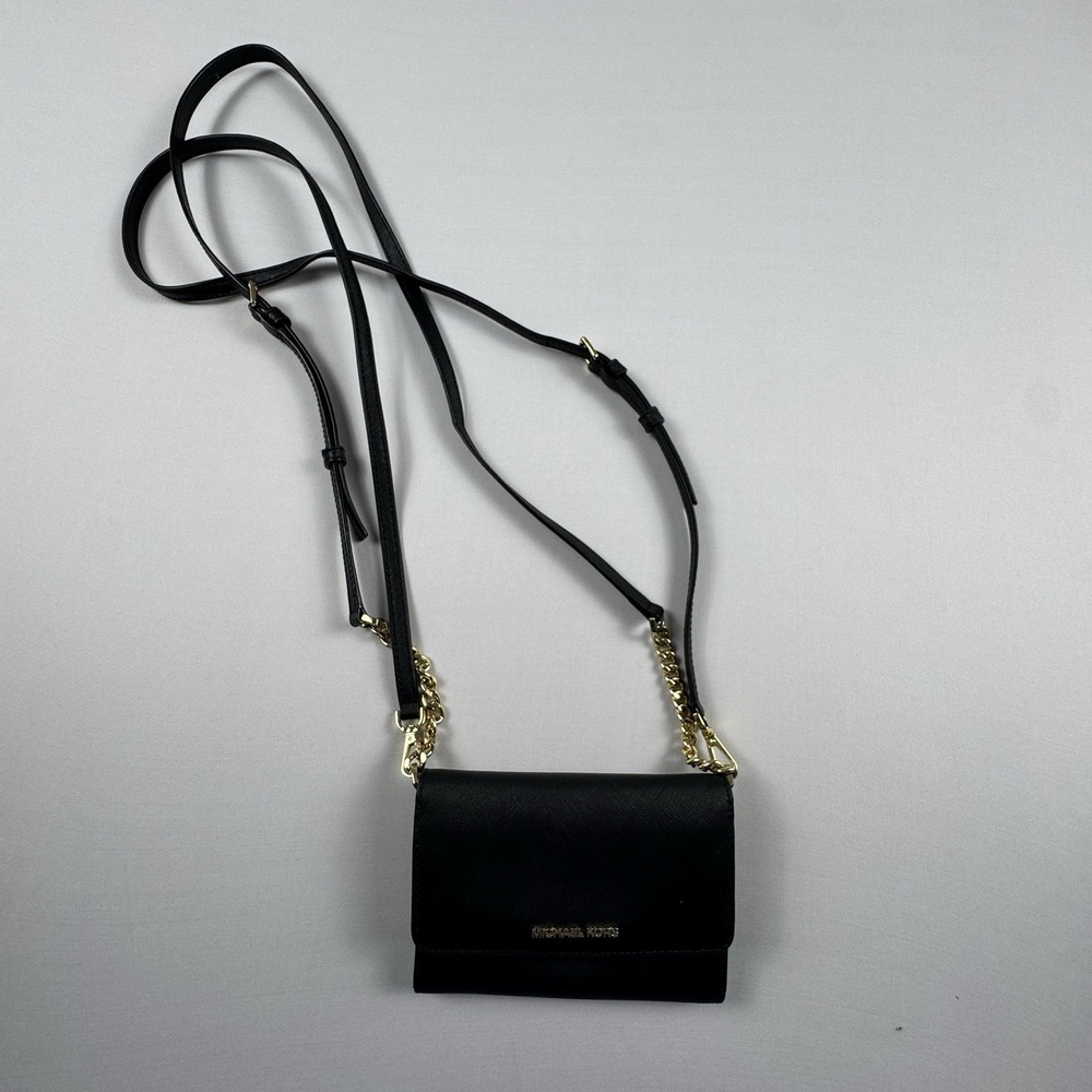 Michael Kors Jet Set Saffiano Leather Smartphone Crossbody Black Gold Timeless - Picture 5 of 10